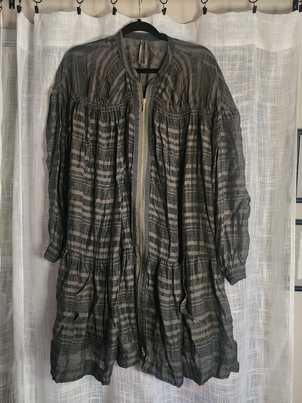 Anthropologie Black and Gray Green Striped Lightweight Zip-Front Blouse Size 1x
